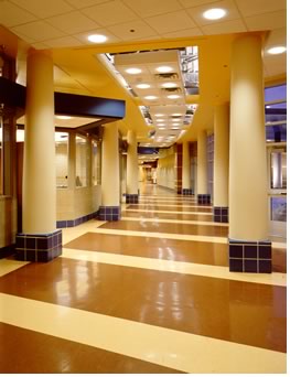 A winding streetscape helps prevent students from feeling overwhelmed and lost in a sea of students. A variety of materials, colors, and ceiling heights create interest and scale.