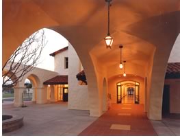 An arcade with 22 arches, covered walkways, and shaded courtyards was inspired by the historic missions built throughout California by the Spanish padres.