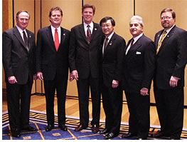 The newest Honorary AIA member, Rep. Frank Pallone Jr., Hon. AIA (third from left) poses with (l. to r.) Executive Vice President/CEO Norman L. Koonce, FAIA; President-elect Thom Penney, FAIA; President Gordon L. Chong, FAIA; AIA New Jersey Regional Director Martin Santini, FAIA; and Vice President James Gatsch, FAIA. (photo by M. David Williams)