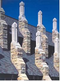 The unique finial-festooned McClurg Hall slate roof, University of the South, Sewanee, Tenn. Photo © Craig Blackmon, AIA