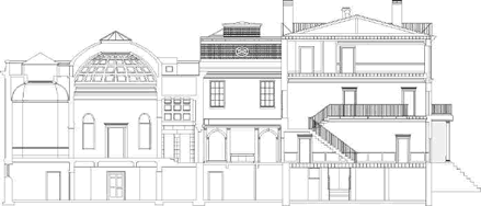 The architect's elevations shows how the original building, the McLellan House (right), blends seamlessly with the Sweat Galleries, adjoined in 1911.
