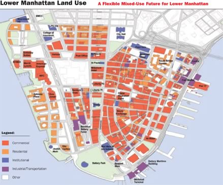 "Lower Manhattan Land Use," as seen in the New York New Visions report. Source:  City of New York, Department of City Planning, Manhattan Office, October 2001.