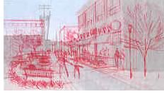 Leggitt overlaid the color copy with trace, and red-penciled in a schematic consisting of a small park, street landscaping, and a storefront.