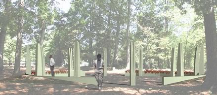 Rendering of Hosey's design for a group of stone pillars at Monticello's African-American burial ground. Image courtesy Lance Hosey.