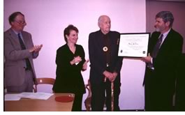 Jerzy Soltan receives the 2002 Topaz Medallion at the Harvard GSD. From left are Urs Peter Gauchat, dean, New Jersey School of Architecture, New Jersey Institute of Technology; Frances Bronet, ACSA past president, Rennselaer Polytechnic Institute; Soltan; Scott Simpson, FAIA, director, AIA New England Region.