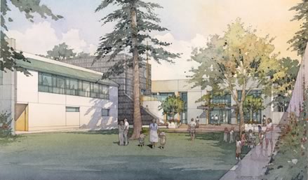 A rendering of the Charles M. Schulz Museum, by Al Forster. The Santa Rosa, Calif., building aims to capture Schulz's low-key demeanor, and is reminiscent of a landscaped suburban home.