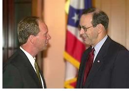 Chris Widener, pictured with Ohio Gov. Bob Taft, is asking voters to return him to the Ohio statehouse.