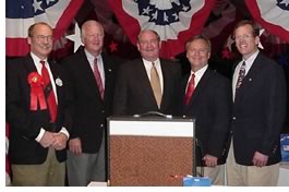 Eric Johnson, FAIA, (left) stands with Georgia Republicans, U.S. Rep. and Senate candidate Saxby Chambliss; former State Sen. and candidate for governor Sonny Perdue; State Sen. Tommie Williams; and U.S. Rep. Jack Kingston.