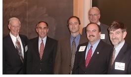 (l. to r.) Washington Region Architects and Planners Chair Neil Greene; Washington Board of Trade Chair Bob Peck; Director of the D.C. Office of Planning Andrew Altman; Christopher Zimmerman (front), chairman, Arlington County Board and the Washington Metro Area Transit Board; Ralph Bennett, AIA (rear), master of ceremonies; and Steven Hurtt, dean of University of Maryland's School of Architecture.