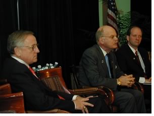 "I've never seen times as challenging as these," New York State Sen. Stephen M. Saland said prior to a panel discussion on the financial situation in the states. Saland is flanked on the left by North Carolina State Rep. Ed McMahan (R) and Ohio Rep. Christopher Widener (R), FAIA.