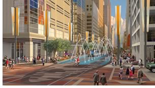 Ehrenkrantz, Eckstut & Kuhn Architects developed the plaza concept for revitalization of Houston's Main Street. Sketch from the www.centralhouston.org Web site.