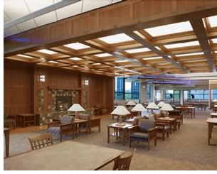 Each level of the library offers a different experience. The second floor offers adults a homey, residential feel.