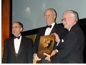 On behalf of the Office of the Commissioner of the General Services Administration’s Public Buildings Service, Robert A. Peck, Hon. AIA, (left) and Commissioner F. Joseph Moravec (center) receive the Keystone Award from AAF Chair Harold L. Adams, FAIA, RIBA, JIA.