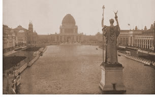 A view from the peristyle across the Grand Basin and past the rear of Daniel French's 111-foot-tall Statue of the Republic to the Administration Building.                    