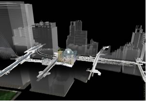 Illustration of extent of Fulton Street Transit Center, from WTC site at left to 23 Fulton Street station at right.