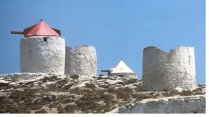 Michaelides includes utilitarian structures in his explanations, including these windmills in Amorgos.