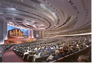 Zimmer Gunsul Frasca’s Church of Jesus Christ of Latter Day Saints, Salt Lake City, uses a variety of sophisticated acoustical systems to bring sound to 21,000 potential participants in the multiuse space. (Photo Timothy Hursley, courtesy of ZGF.) 