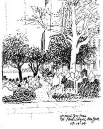Sketch of Ground Zero from St. Paul’s Chapel by author Kite Singleton, FAIA. (Courtesy of the author).