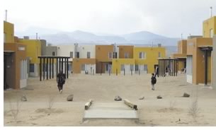 The design for Tsigo Bugeh Village is inspired by traditional pueblos. The buildings are clustered around two plazas.