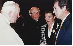Pope John Paul II with Vatican spokesman Father Paul Marzilli, Jean Astorino, and Lou Astorino. Photo courtesy of Astorino.