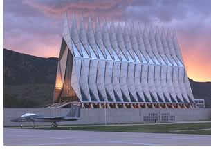 Fisher worked on and lobbied for the unique skin on the U.S. Air Force Academy Chapel, which received the 1996 AIA Twenty-five Year Award. (Photo  USAF).