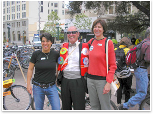 Left to right: Rebecca Kaplan, Alameda-Contra Costa Transit Board Vice President; Ron Bishop, AIA, East Bay; and Patricia Kernighan, Oakland Councilwoman District 2. (The CDs are to show that you can become visible just by adding CDs to your clothing.)