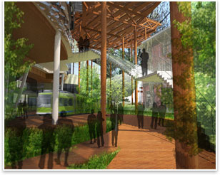 The landscaping and thin, tall wood columns create a forest-like atmosphere under the pedestrian plaza.