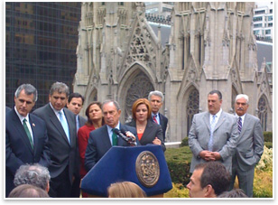 NYC Mayor Michael R. Bloomberg, Council Speaker
              Christine Quinn, and leaders of building trades and environmental
              groups introduce the "Greener Greater Buildings Plan" on
              April 22.