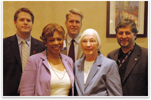 Front, from left to right: Mayors Brenda Lawrence (Southfield, Mich.) and Marty Blum (Santa Barbara, Calif.). Back row: Matthew Stark, director of policy and legislative affairs, City of Providence, R.I.; Mayor David Pope (Oak Park, Ill.); and Clark Manus, FAIA. All three mayors are co-chairs of the Sustainable Development Task Force. Photo courtesy of the U.S. Conference of Mayors.