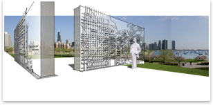 DWA rendering of the Burnham Memorial Corner formation. The Corner formation is two granite memorial walls depicting elements of Burnhams plan of downtown Chicago. A life-size statue of Burnham. Visitors pass through a tall portal for a view of Grant Park, Lake Michigan, and the city. On the outer sides of the granite walls there will be steel ribbons.