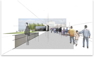 Rendering of the Overlook, a long plinth of gray granite that forms a timeline of Chicagos evolution, from prairie to present to the 2016 Olympics.