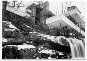Construction from southwesttemporary shoring supporting the cantilevers. Walter J. Halls construction shack sits atop Lilianes terrace. Photo courtesy of the Western Pennsylvania Conservancy.