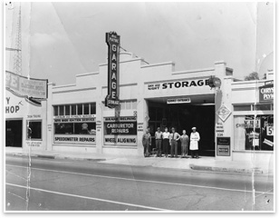 Bill Payne Garage and Storage, circa 1936. Many early garages offered automobile servicing, such as brake repairs, as well as storage space. Photo courtesy Anaheim Public Library.