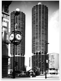 Marina City, Chicago, 1959-67. The Marina City towers in Chicago each has a spiral parking ramp on its first 19 floors and residential apartments above. The complex is often called a city within a city. R. Radic [photographer], c. 1960s; Bertrand Goldberg Archive, Ryerson and Burnham Archives, The Art Institute of Chicago. Photo  The Art Institute of Chicago.