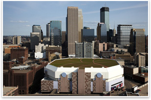 The extensive vegetated green roof on Target Center is the largest in
        Minnesota, the fifth largest in North America, and the tenth largest
        in the world. It is also the largest extensive green retrofit in the
        world. Photo © 2009 Bergerson Photography.