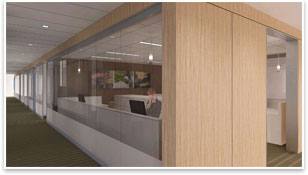 Greenberg Traurig chose single-size flex offices to accommodate legal assistants, paralegals, and entry-level attorneys. Architectural rendering by Perkins+Will.